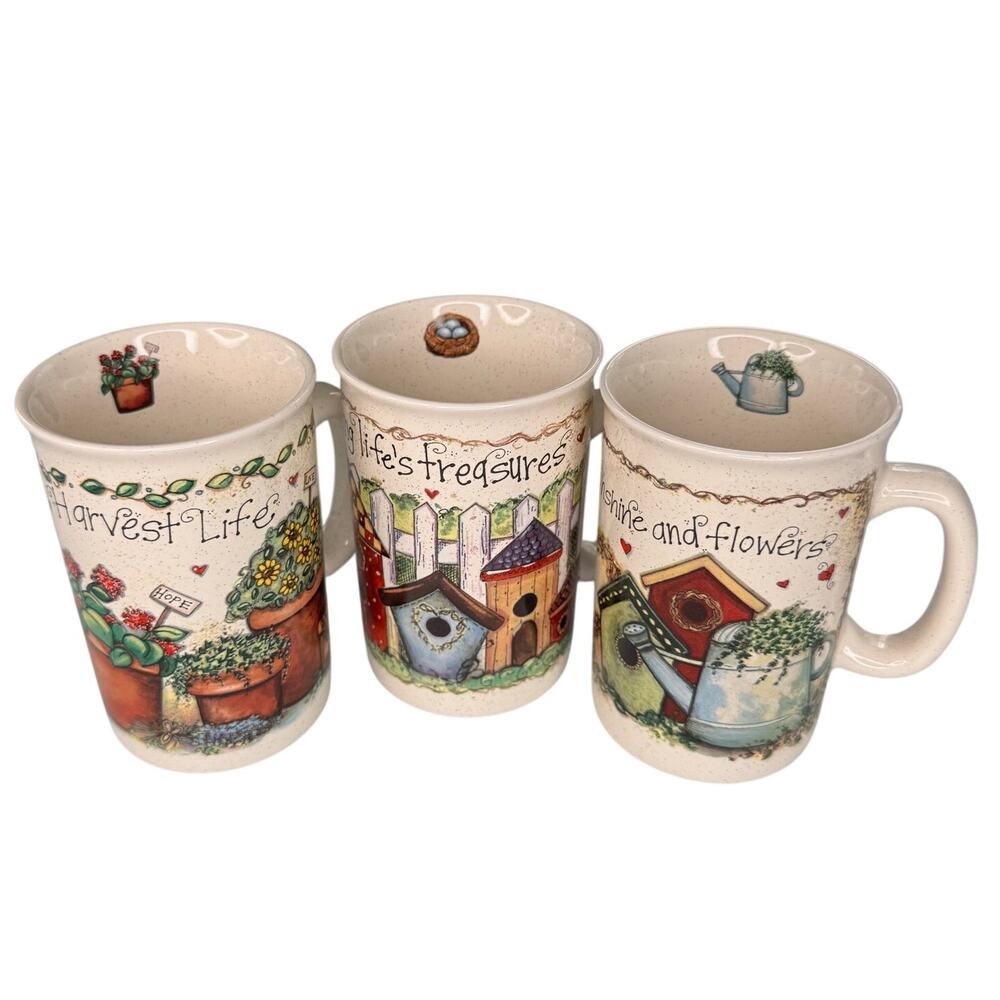VTG Joy Marie Heimsoth Garden Pleasures Mug Set 3 Papel Giftware Cottage Garden